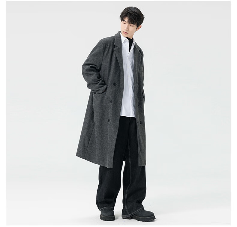 Dingfengbaoluo Men's Woolen Coat Autumn Winter Mid-Length High-End British Style Woolen Trench Coat HT99 Gray 5XL 7