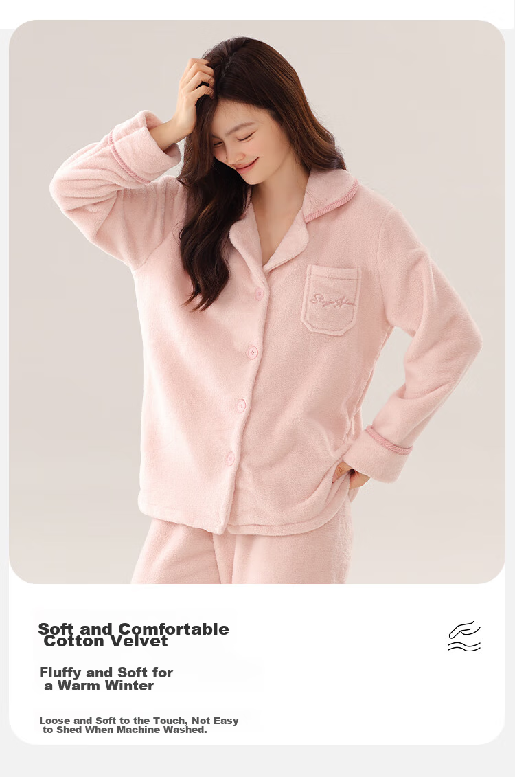 Dushiliren Women's Winter Pajamas, Fleece-Lined Thick Coral Fleece Cardigan Set with Pockets, Autumn And Winter Loungewear 9