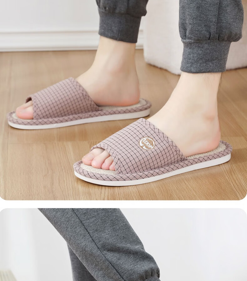 Huameijianbu Linen Slippers, Indoor Non-Slip, All-Season, Sweat-Absorbing, Breathable Cotton And Linen Slippers, HM6106, Gray, Size 42-43 26