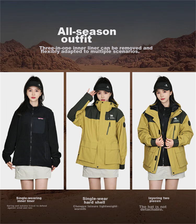 CAMEL Three-In Outdoor Jacket, Hiking Windproof Waterproof Coat, Camping Trekking Outerwear, O606, Phantom Black, XL 8
