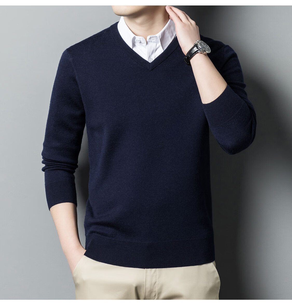 Hengyuanxiang Men's Wool Sweater Autumn Winter Thickened V-Neck Machine Washable Fine Spun Knitwear Medium Gray 175 10