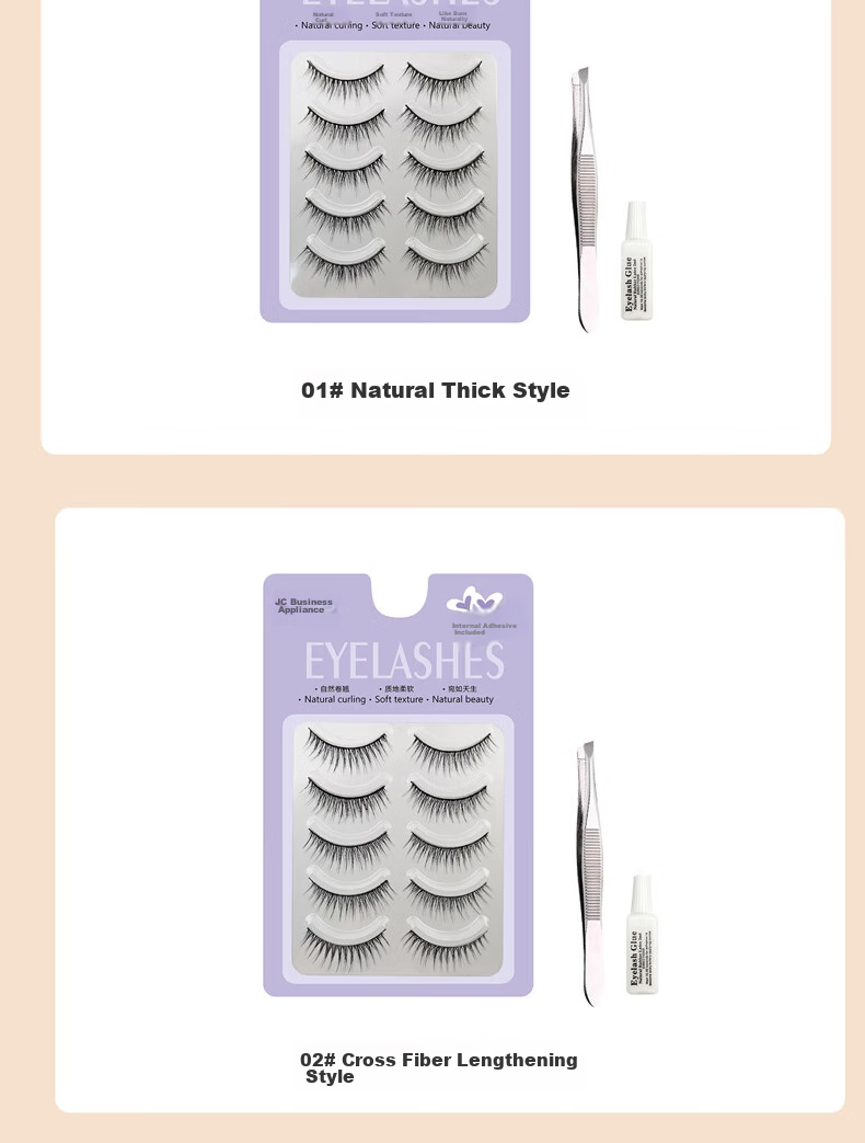 Jianyingshu Natural Dense False Eyelashes 5 Pairs Set, Full-Length One-Piece Lash Extensions, Non-Glue Required 16