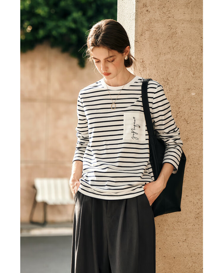 Olrain Women's Striped Long Sleeve T-Shirt Spring Design Pocket Embroidery Top Striped (Upgraded) M 15