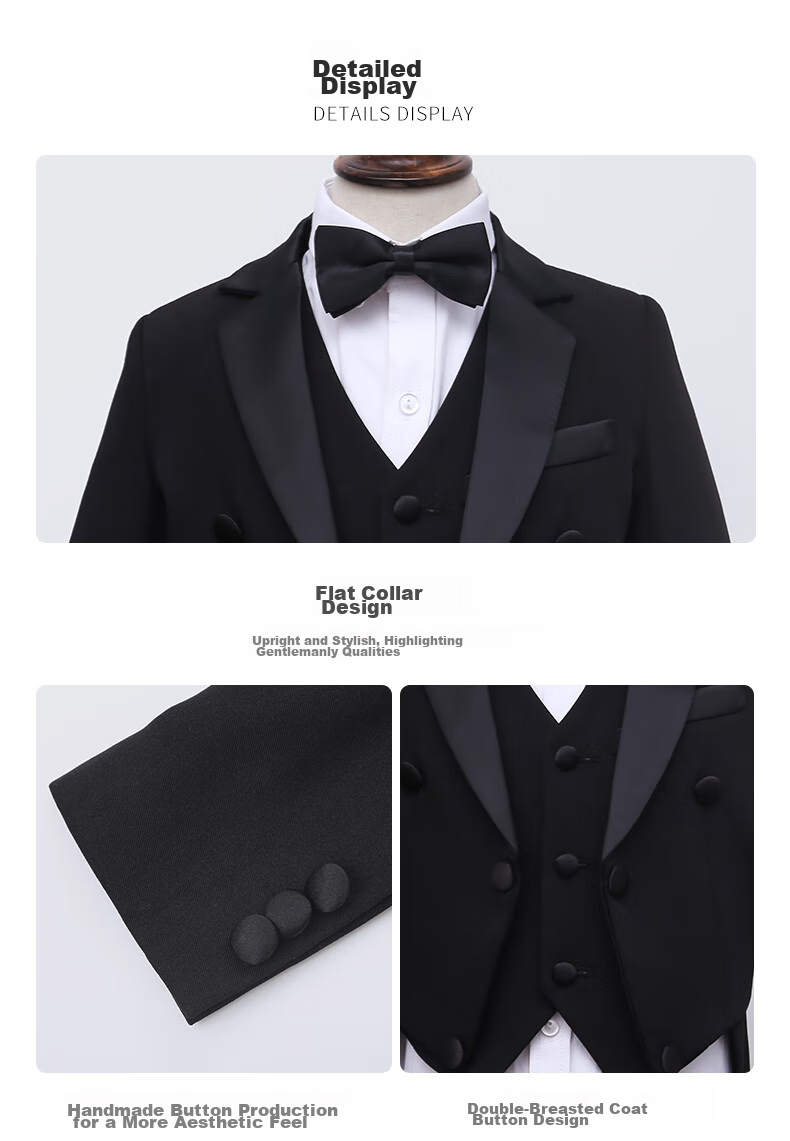 Luomeng Boys' Formal Suit Set, Little Host Piano Performance Outfit, Flower Boy Tailcoat, Black, Size 110 17