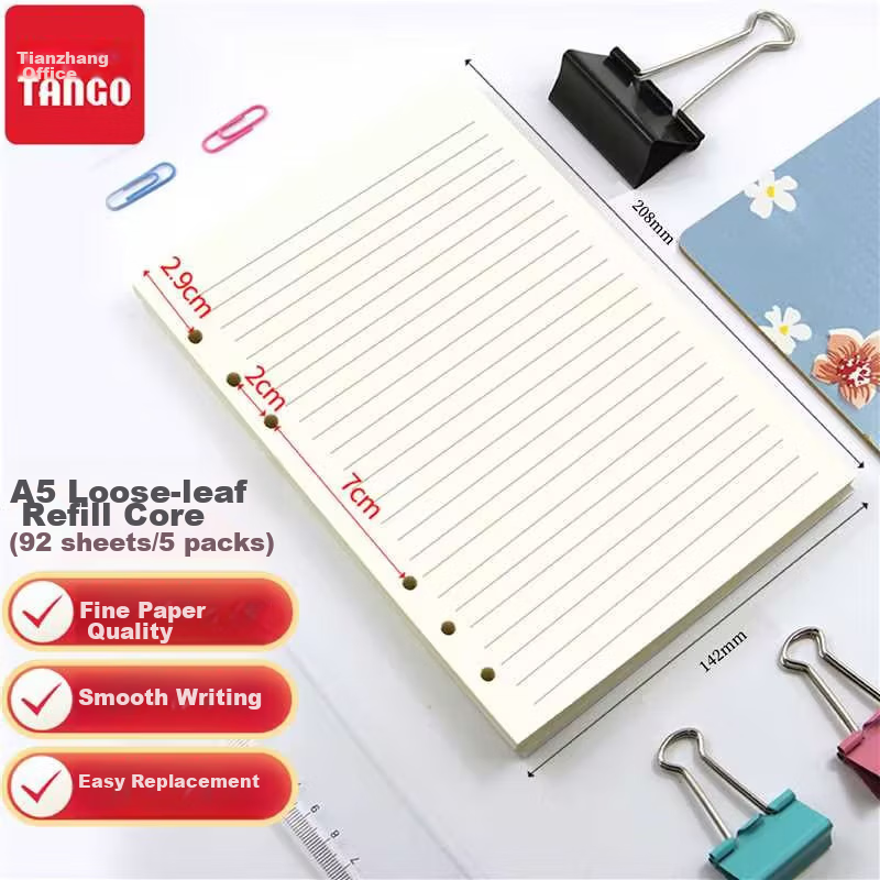 TANGO A5 Loose-Leaf Refill Paper with Ruled Lines, Thickened 100g, Suitable for 6-Ring Loose-Leaf Notebooks for Postgraduate Entrance Exam Error Correction, Homework, Notes, Meeting Minutes, Universal Replacement Pages, 92 Sheets Per Pack of Five