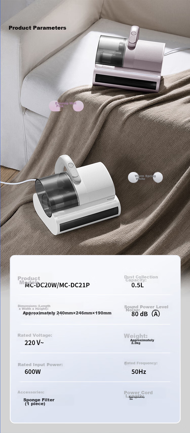 Panasonic [Cleaning Wonder] Ultrasonic Mite Remover, Bed Vacuum Cleaner for Home Use, High Suction Power, UV Sterilization, Hot Air Dehumidification, Dual Roller Brushes, Dual Beating Blades, Dual Cups MC-DC21P 17