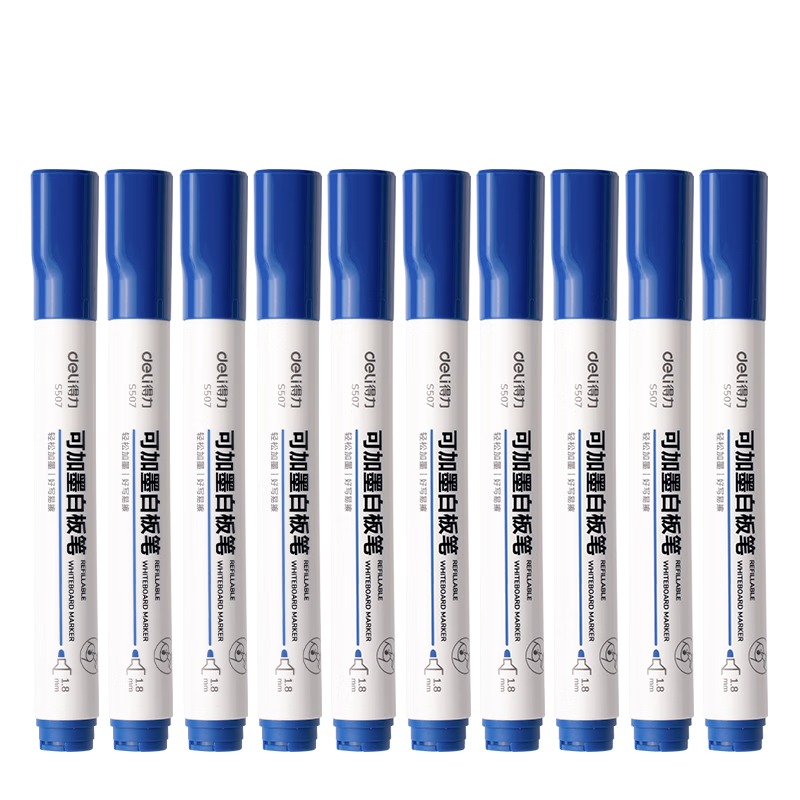 Deli Whiteboard Markers with Refill, Easy to Write And Erase, 10 Blue Pens, Family Meeting Teacher Office Supplies S507