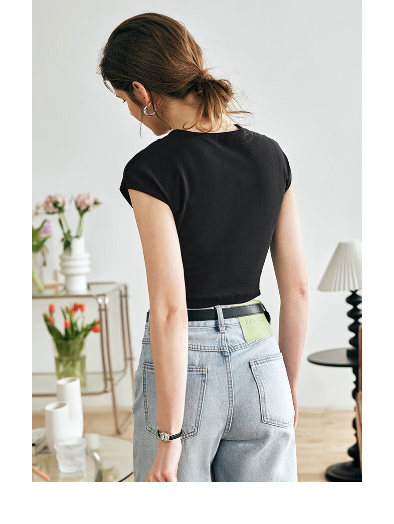 Olrain Cool Small Cap Sleeve Slim Fit Short Sleeve T-Shirt Summer Women's Short Top High Elastic Inner Wear Black S 17