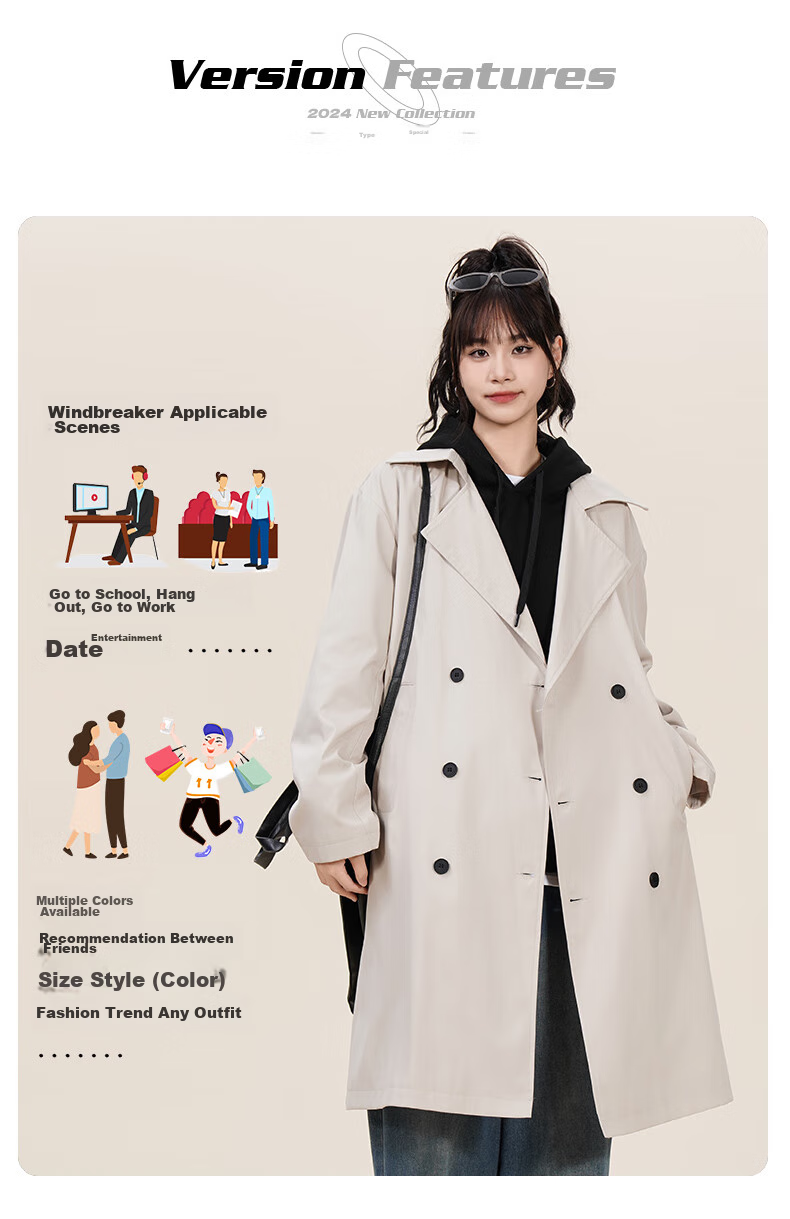 NASA GOOD Mid-Length Trench Coat for Men And Women, Autumn Fashion Loose Fit Casual Draping Versatile Jacket for Young People, Khaki, Size L 5