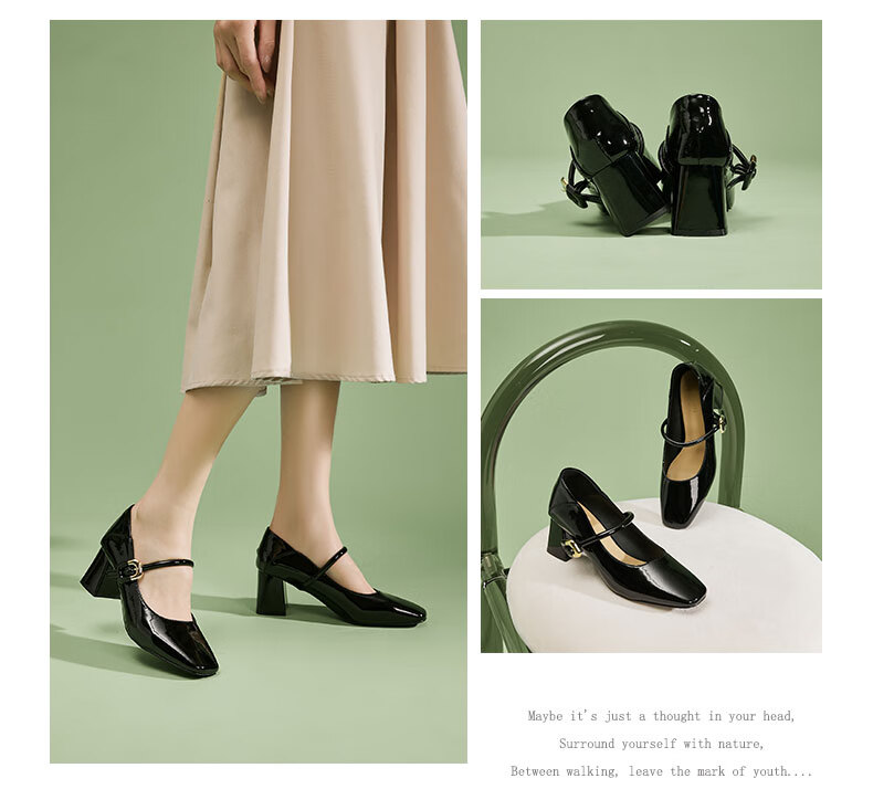 DAPHNE French Mary Jane Shoes for Women, Chunky High Heel with Single Strap, Leather Shoes, Commuter Soft-Soled Flats, Black, Size 35 1