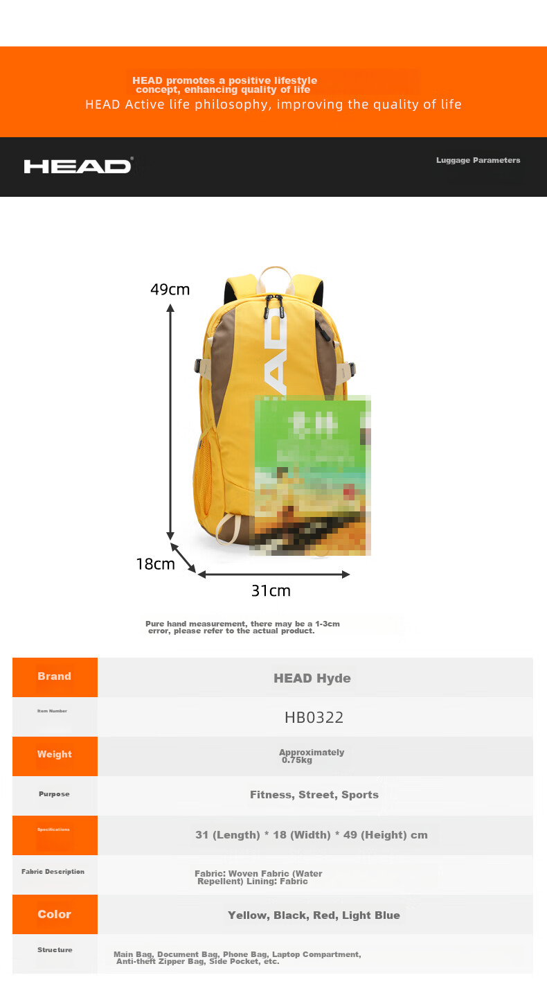 HEAD Lightweight Tennis Backpack, Multifunctional Laptop Bag, Large Capacity, Versatile, Big LOGO, Sports Hiking Backpack 9