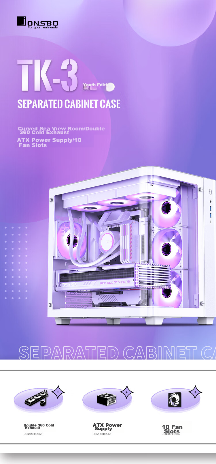 JONSBO TK-3 White Curved Panoramic ATX Case (Dual 360mm Radiator Support/ATX PSU/10 Fan Positions/Type-C Gen2 10Gbps+) 2
