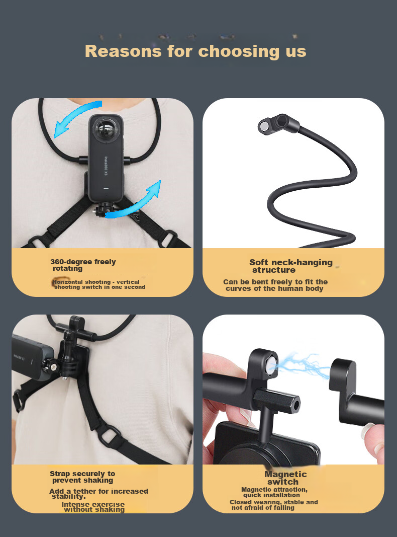 Qiye Neck Strap Mount Compatible with Insta360 X5 Panoramic Action Camera, Insta X4 Cycling Motorcycle X3 Base X5 Accessories, Neck Fishing Lure Bicycle X2 2