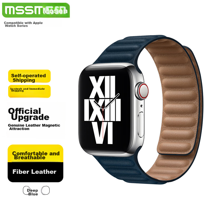 MSSM Leather Strap Compatible with Apple Watch S12/11/ultra4/S10/9/SE3, Magnetic Wristband [Deep Blue] 44-49mm