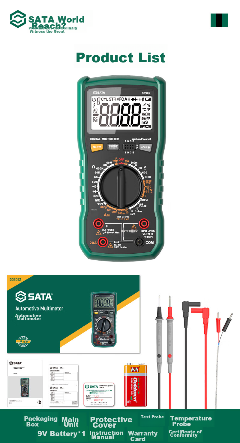 Shida SATA Automotive Multimeter, Multi-Functional Inspection, Burn Prevention, Auto Repair Digital Display Universal Meter, Electrician-Specific D05052 Standard Configuratio 18