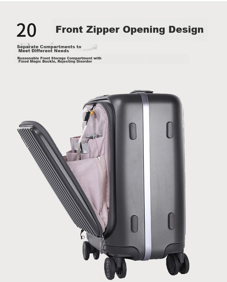 CROWN Zipper Aluminum Frame Suitcase, Carry-On Luggage, Large Capacity Front-Opening Case, Small Size 5278-20 Beige 12