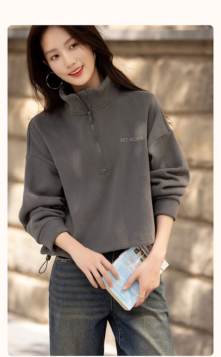 Dme [Smart Relaxation] Winter Minimalist Cloud Texture Cotton Letter Silicone Print Fashionable Stand Collar Zipper Sweatshirt for Women 2