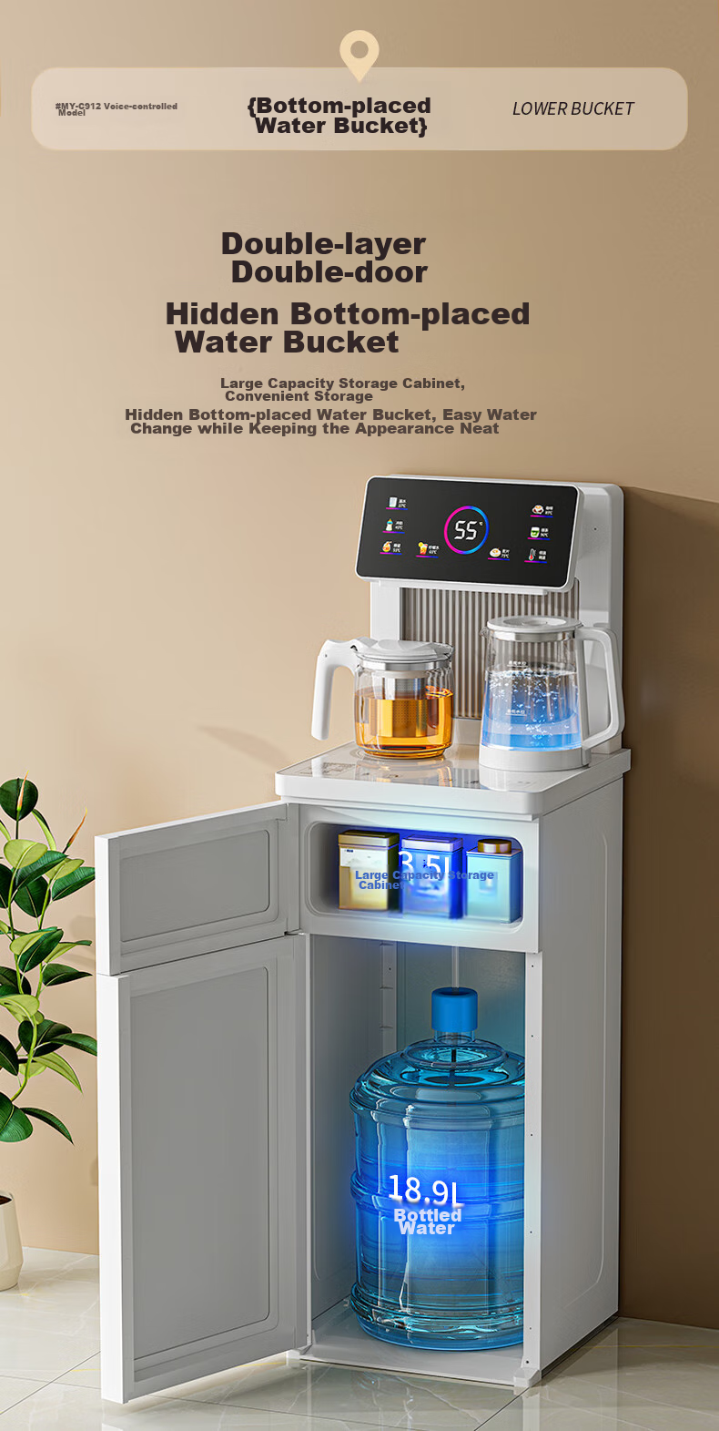 MeiLing Tea Bar Machine, High-End Smart Voice-Controlled Standing Water Dispenser with Bottom-Placed Water Tank, Automatic Hot And Cold Model MY-C912 (Voice Control Version), White 9