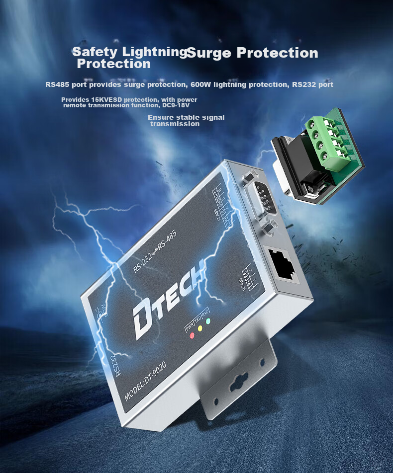 DTECH RS232 to RS485 Active Converter, Bidirectional Conversion Transmission, Industrial Grade 9-Pin Serial Communication Protocol, Lightning And Surge Protection Converter, DT-9020 3