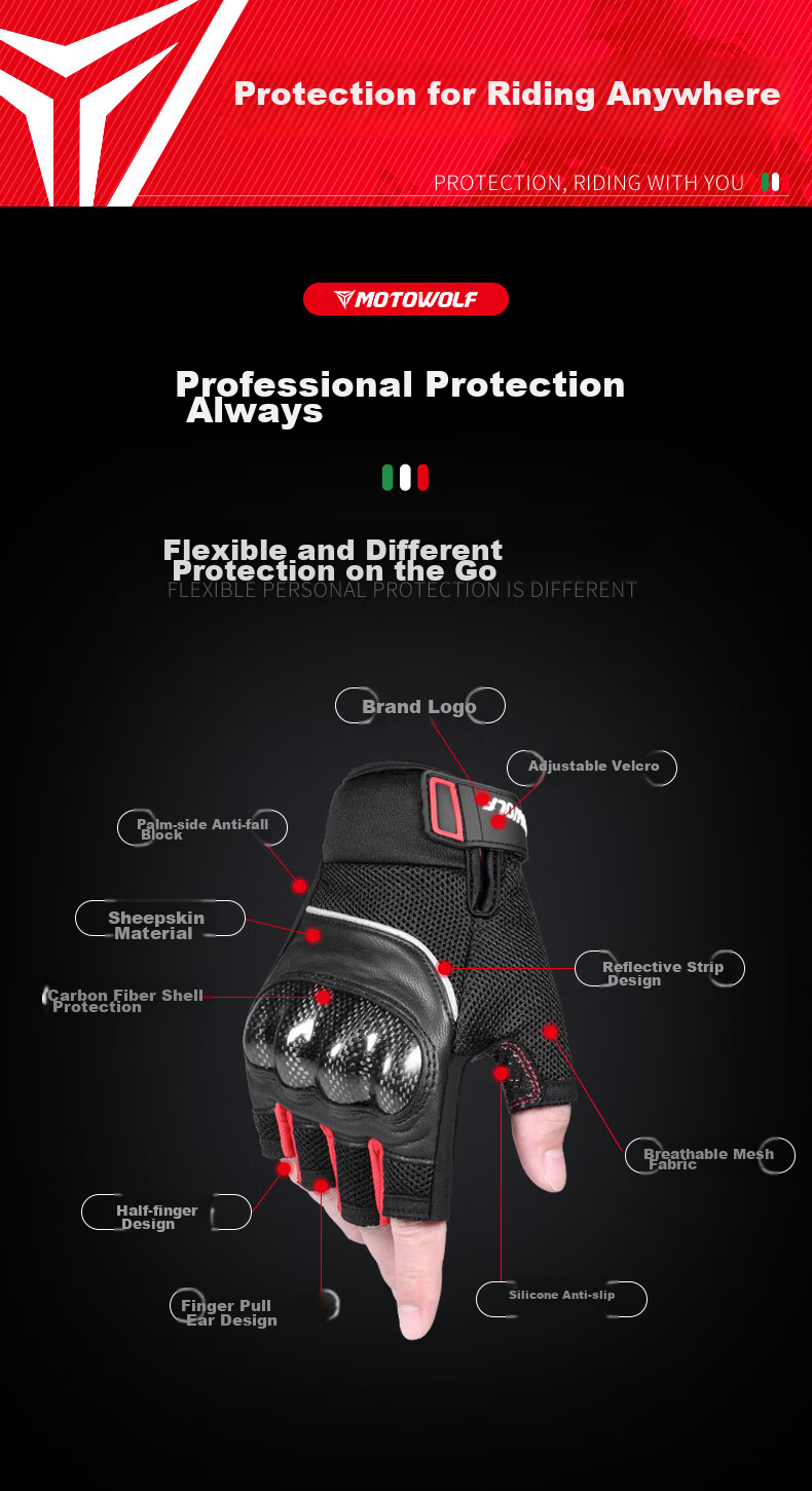 MOTOWOLF Motorcycle Gloves Half Finger Carbon Fiber Summer Breathable Riding Motorbike Anti-fall Knight Gear Unisex 3
