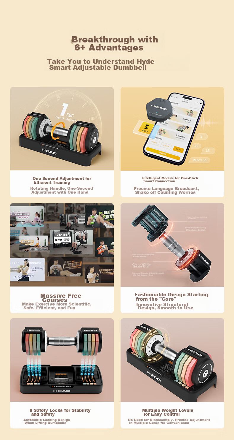 HEAD Intelligent Quick-Adjust Dumbbell Set, Adjustable Men's Home Fitness Equipment, Pure Steel Rainbow Dumbbells 25kg 4