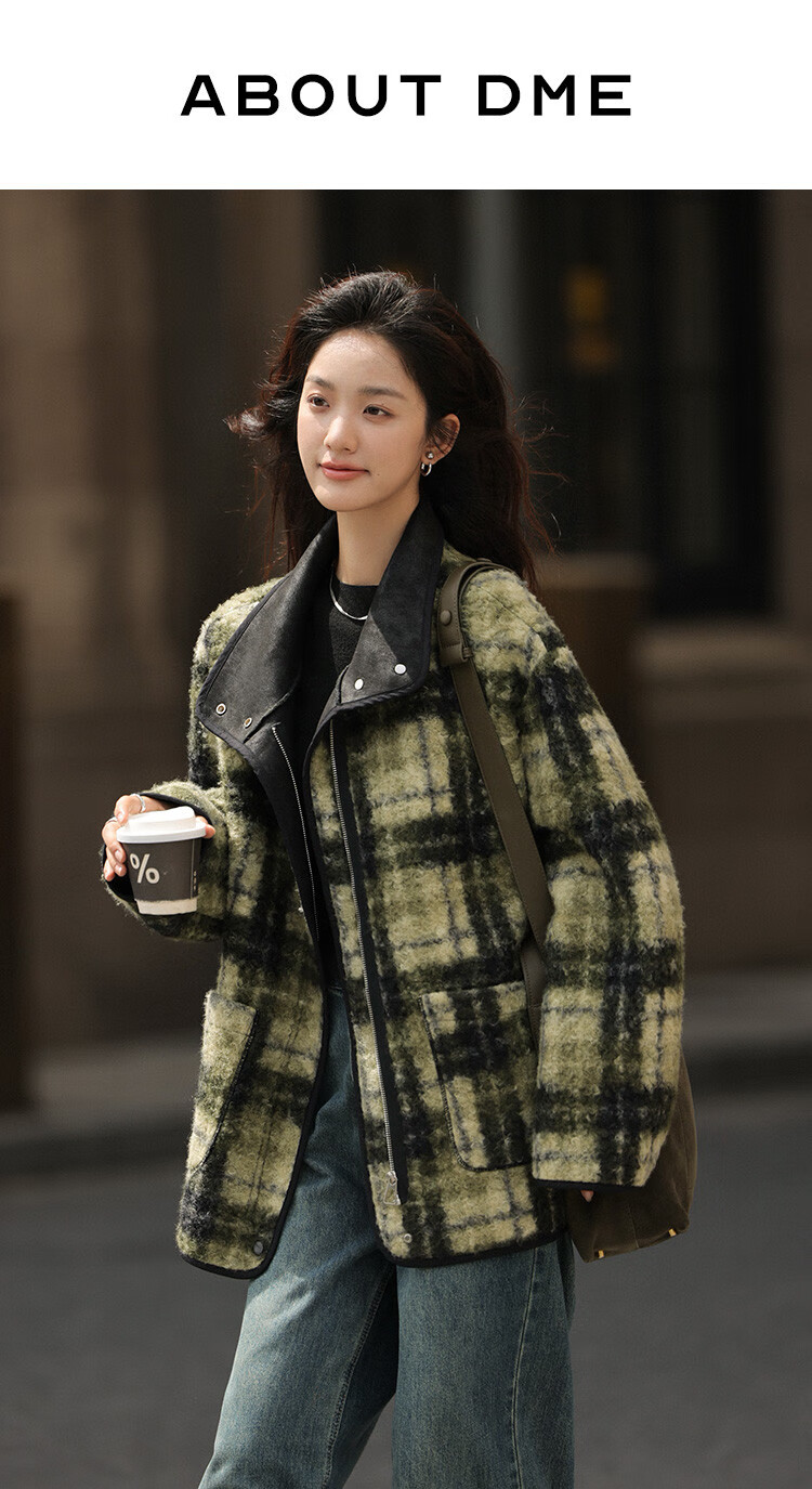 Dme [Vintage Elegant Top] Eye-Catching Plaid Green Relaxed Faux Shearling Jacket for Wome 1