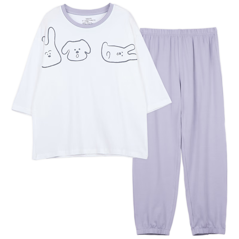 Hodo Children's Pajamas, Cotton Short-Sleeve Thin Summer Air Conditioning Wear, Boys And Girls Home Wear, Cool-Feeling Set, 3258 Grass Purple, Size 150