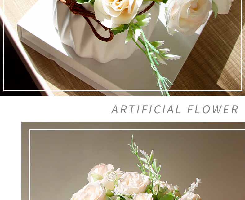 Shengshitaibao Artificial Flower Bouquet, Silk Flowers, Decorative Flowers, Ceramic Small Vase, Floral Arrangement, Living Room Decoration Ornament, White Rose 13