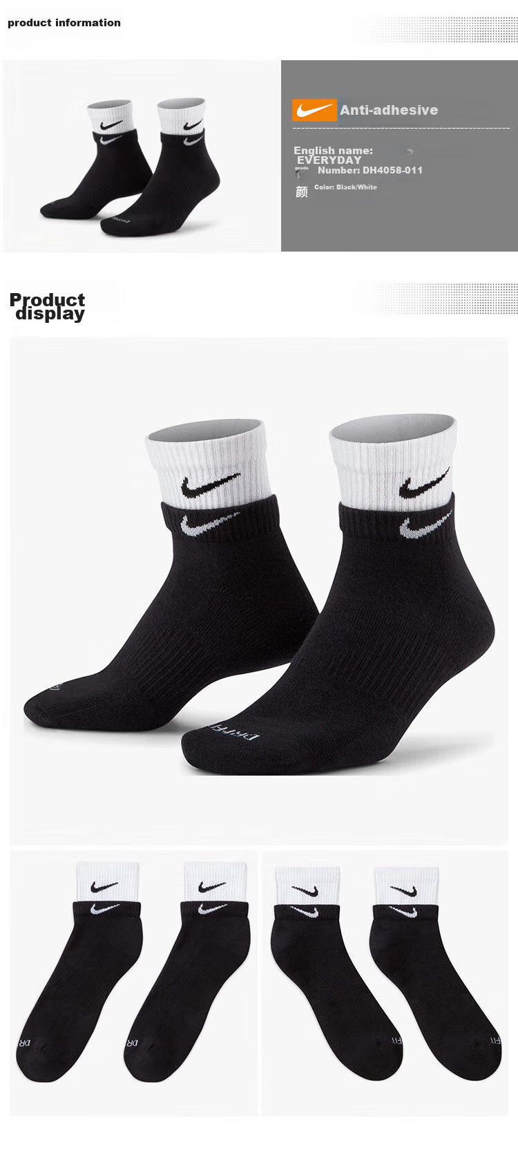 NIKE Sports Accessories Unisex Mid-Calf EVERYDAY Socks DD2795-104 White Black M 7