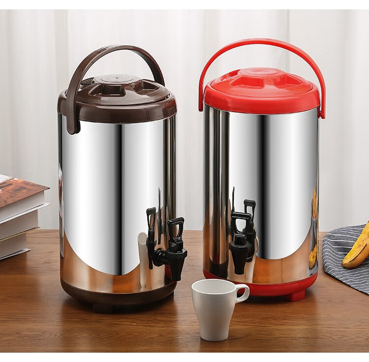 Quanshi Stainless Steel Milk Tea Bucket with Tap, 12L Commercial Double-Layer Insulated Container for Cold Drinks, Hot Drinks, Soy Milk, And Tea 10