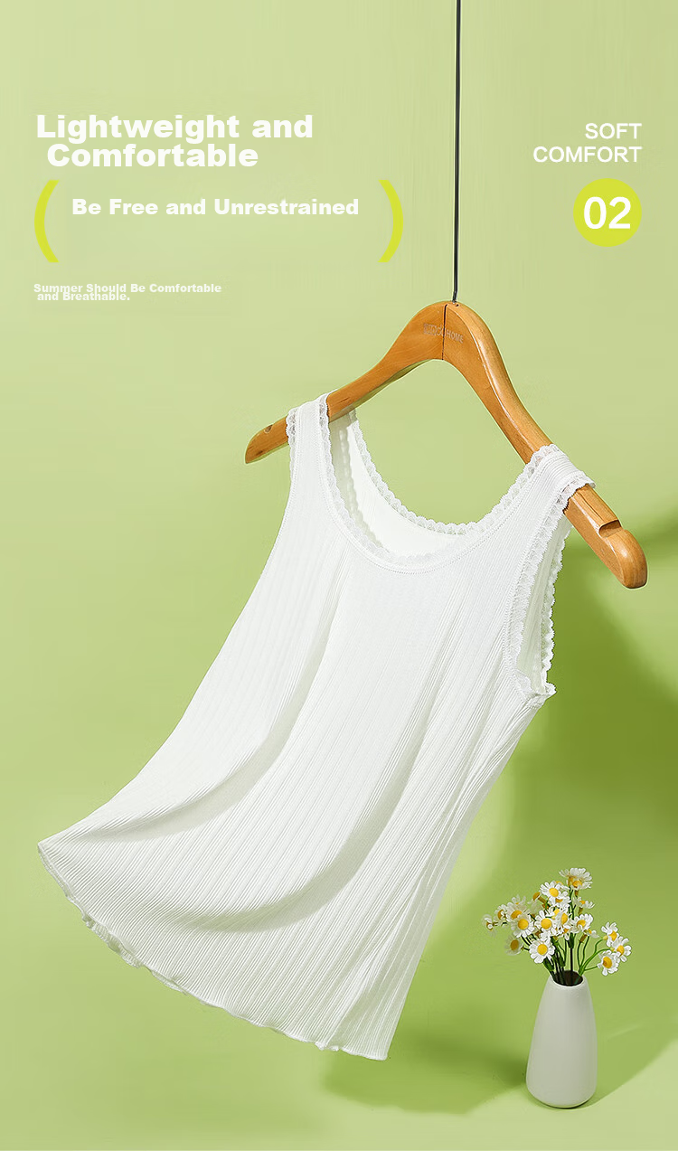 Hodo Women's Summer Vest, Soft Cotton Lace Camisole, Jacquard Vertical Stripes, Breathable Slimming Inner Layer, Avocado Green, Size 175 3