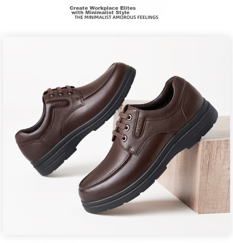 CAMEL Leather Lace-Up Middle-Aged Dad Shoes, Height-Increasing Classic Business Casual Leather Shoes for Men, G15A211067, Black, Size 38 13