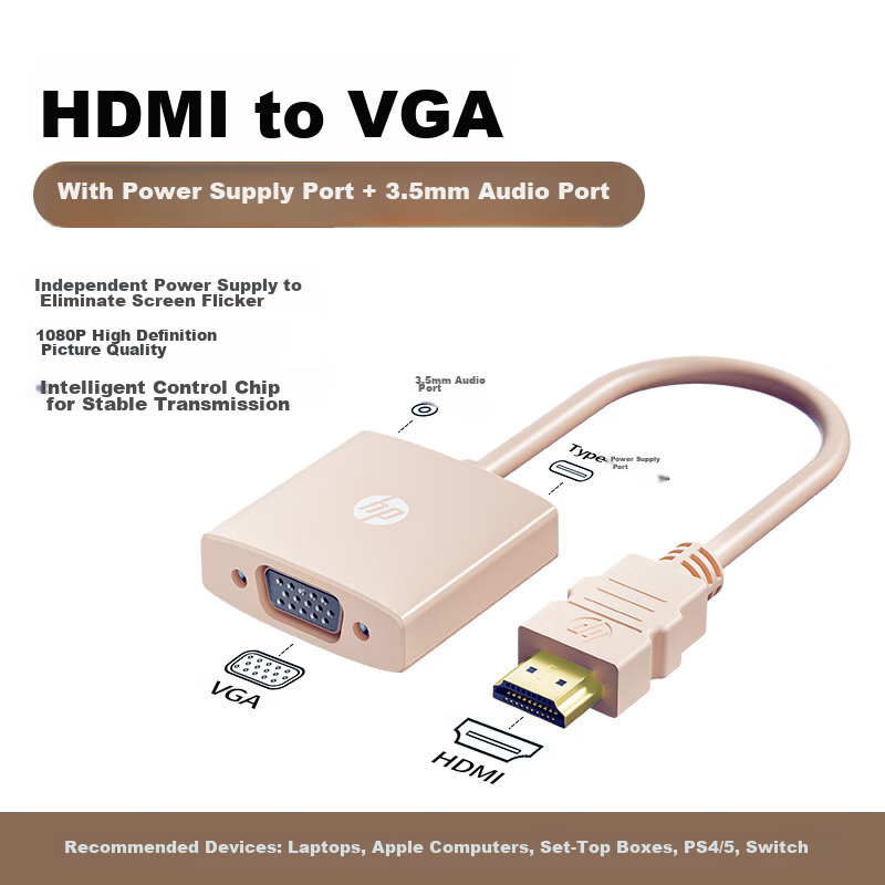 HP HDMI to VGA Converter with Audio And Power Supply, HD Video Adapter, for Desktop Computers, TV Boxes, Handheld Games, PS5, Connecting to Monitors And Projectors for Large Screens