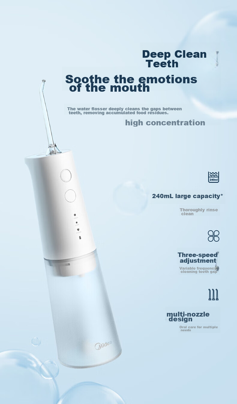 Midea Water Flosser, High-Frequency Pulse Cleaning, Detachable Large Water Tank, Portable Long Battery Life, 4 Modes, 4 Spray Heads, for Home And Travel Use, Suitable for Orthodontics, MC-BJ0102 Blue, Holiday Gift 5