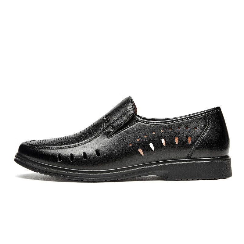 Kangnai Leather Shoes, Perforated Shoes for Men, Summer Sandals, Comfortable Casual Business Formal Shoes, Hollow-Out Shoes, Glossy Breathable Men's Shoes, Black, Size 38