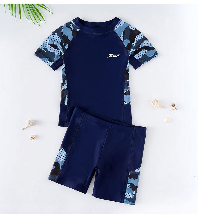 XTEP Children's Swimwear, Boys' Two-Piece Swimsuit, for Toddlers to Older Kids, Sports Swimming Gear, Colorful Blue, Size 130 13