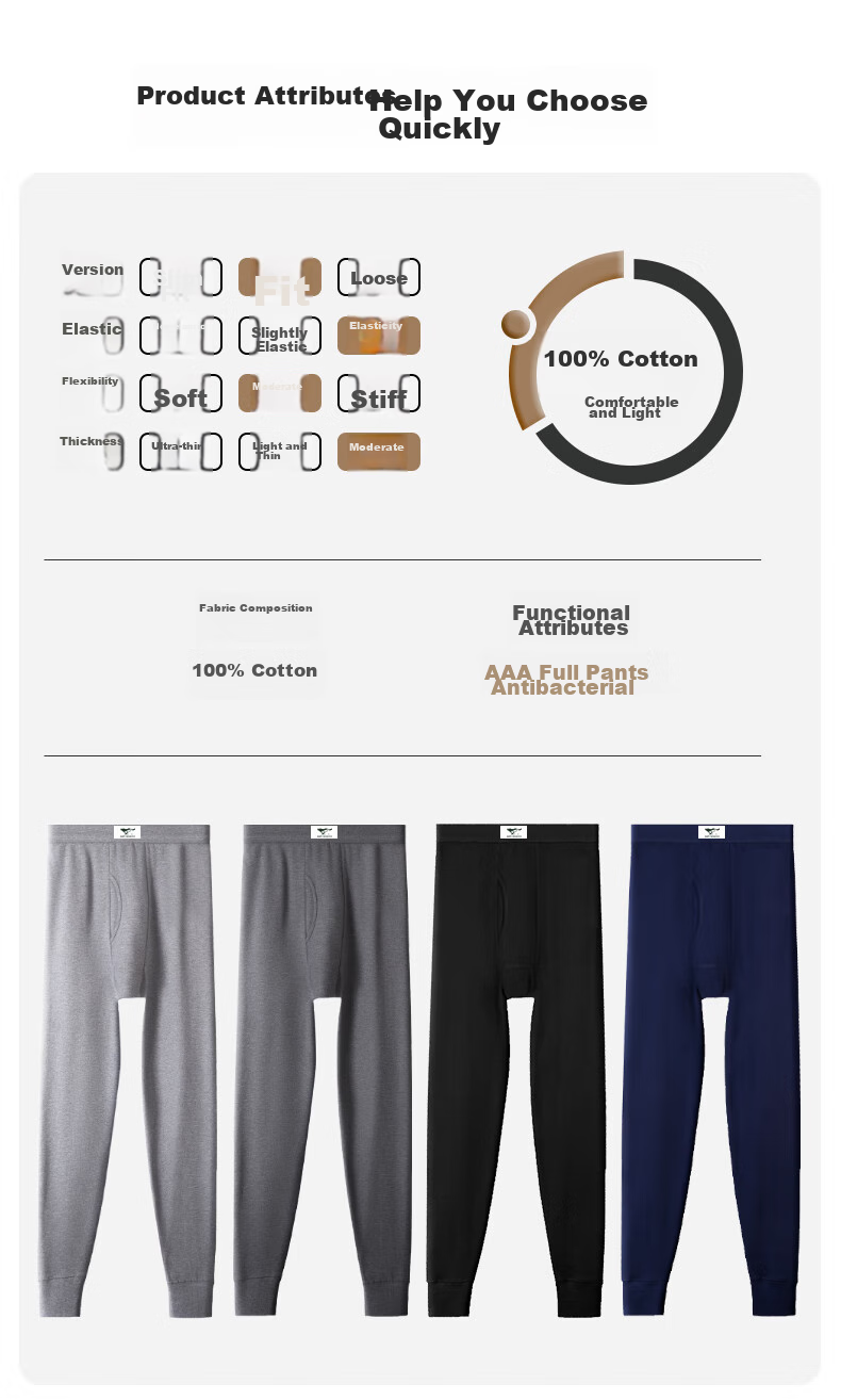 SEPTWOLVES [Pure Cotton Antibacterial] Men's Long Johns, Pure Cotton Antibacterial Thermal Underwear, Winter Basic Base Layer Pants, Single Pack 19