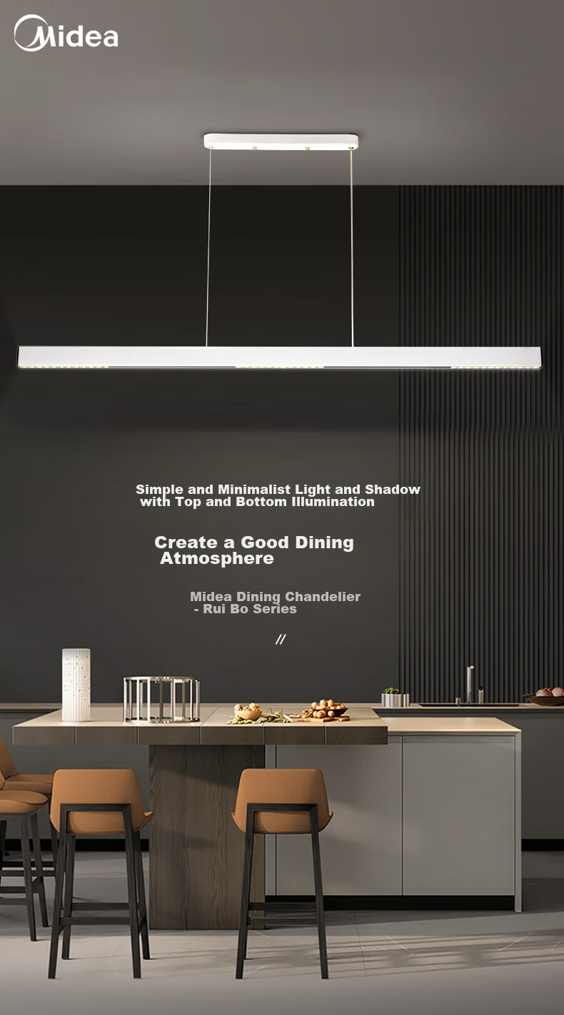 Midea LED Linear Pendant Light for Dining Room, Simple Long Strip Chandelier for Table Lighting, White Lighting Fixture 1