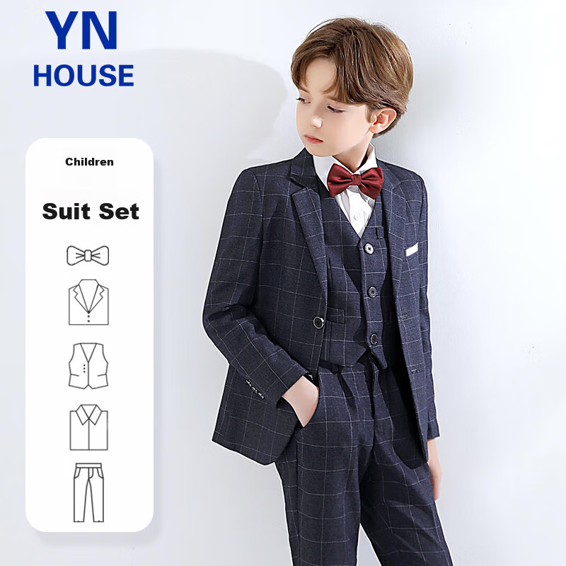 Yinuofang Children's Suit Set for Boys, Host Suit, Flower Boy Formal Wear, Performance Outfit, Plaid Set, Size 150