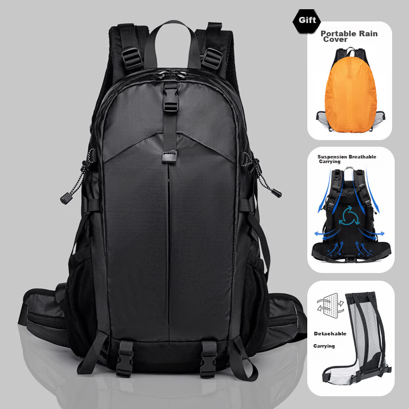 WEWOO Outdoor Hiking Backpack, Lightweight Rucksack, Professional New Model, Large Capacity, Travel Sports Waterproof Nylon, Black