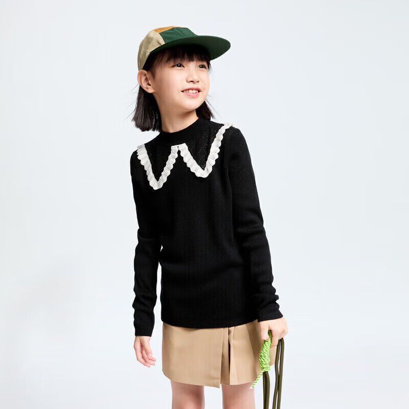 Annil Girls' Mid-Neck Knit Sweater, New Winter 2024 Style, Black, Size 110