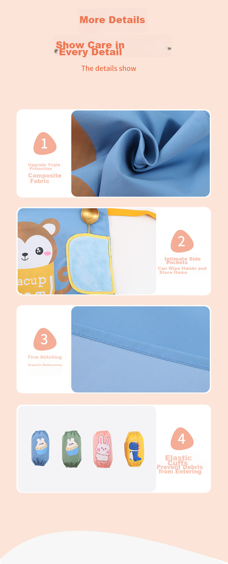Babyprints Apron, Children's Smock, Baby Painting Clothes, Dining Kitchen Set, Waterproof And Stain-Resistant, with Sleeves, Hand-Wiping Function, Pink Rabbit Desig 7