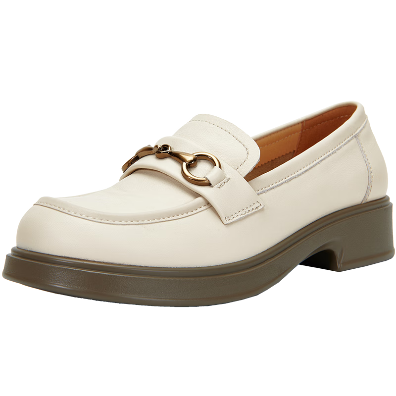 PT'SON Leather Thick-Soled Loafers for Women, Autumn Horse-Bit Buckle British Style Slip-On Shoes, White, Size 38