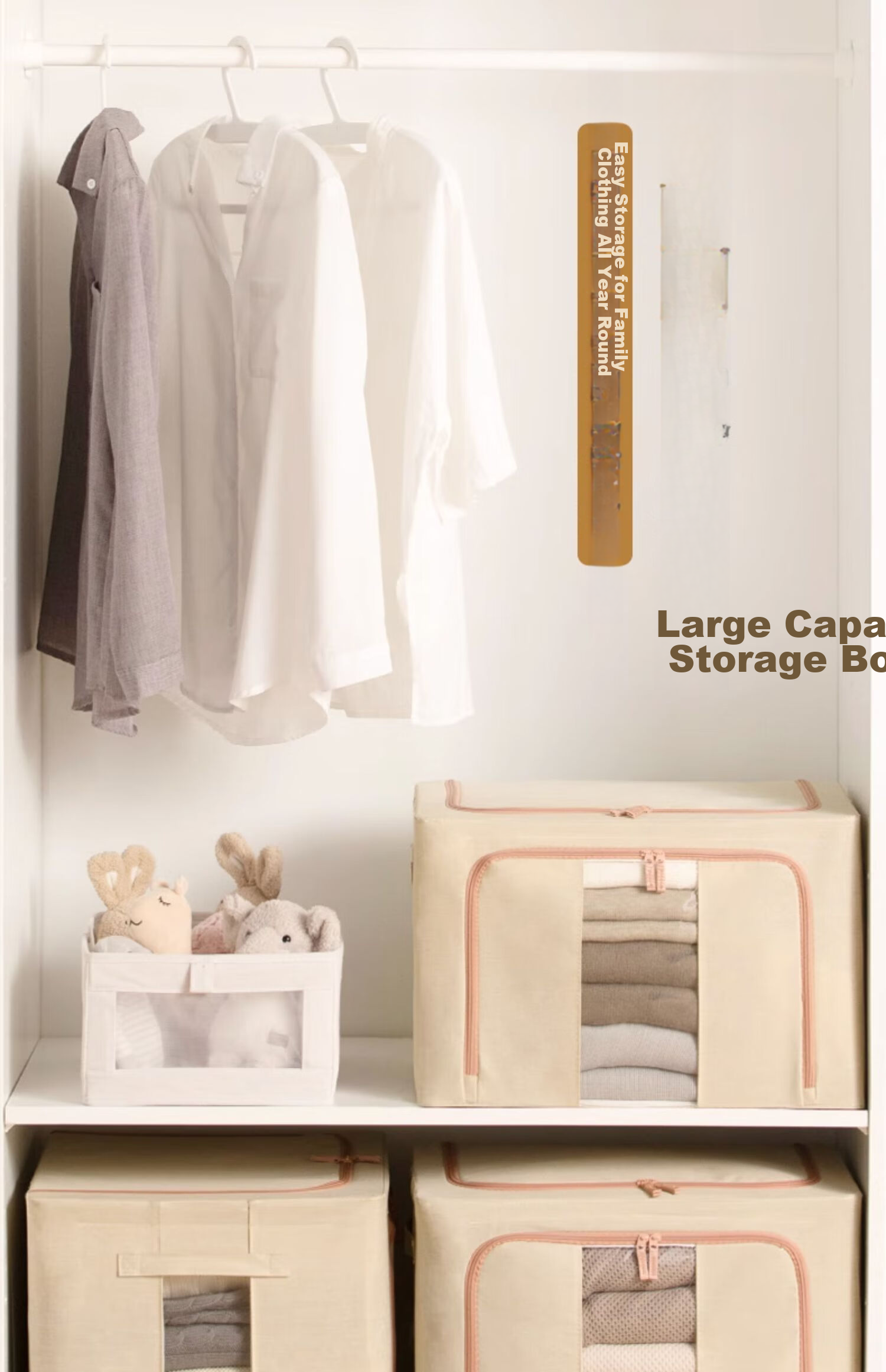 CHAHUA Storage Box, Fabric Folding Organizer, Stackable, 66 Liters, Beige, Under-Bed Storage, Dormitory Storage 1