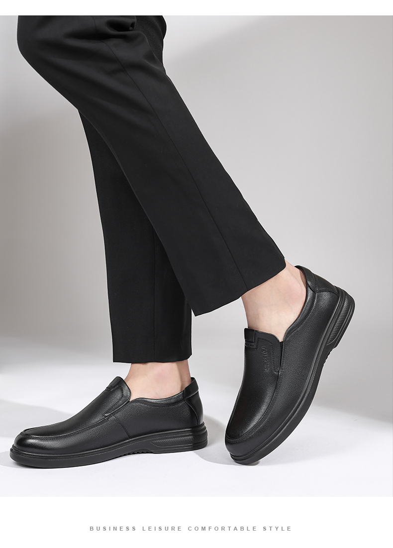 LAORENTOU Men's Leather Shoes, Business Casual Shoes, Low-Top, Top-Grain Cowhide, Slip-On, Polyurethane Sole, Non-Slip, Lazy Slip-On Dad Shoes, LA12158, Black, Size 40 14