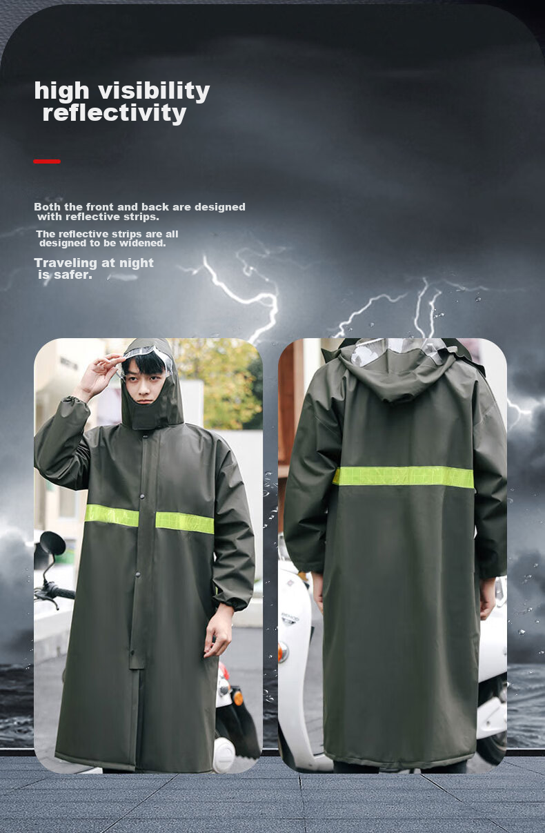 Leyoubaiyi Long Trench Coat One-Piece Raincoat, Army Green, Adult Men And Women Reflective Waterproof Flood Prevention Rain Poncho Constructio 9