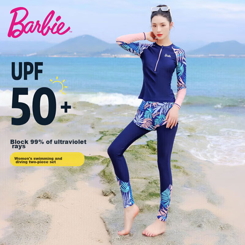 Barbie Sun Protection Two-Piece Swimsuit for Women, Conservative Slimming Long-Sleeve Top And Long Pants Diving Swimwear for Ladies' Beach Vacatio
