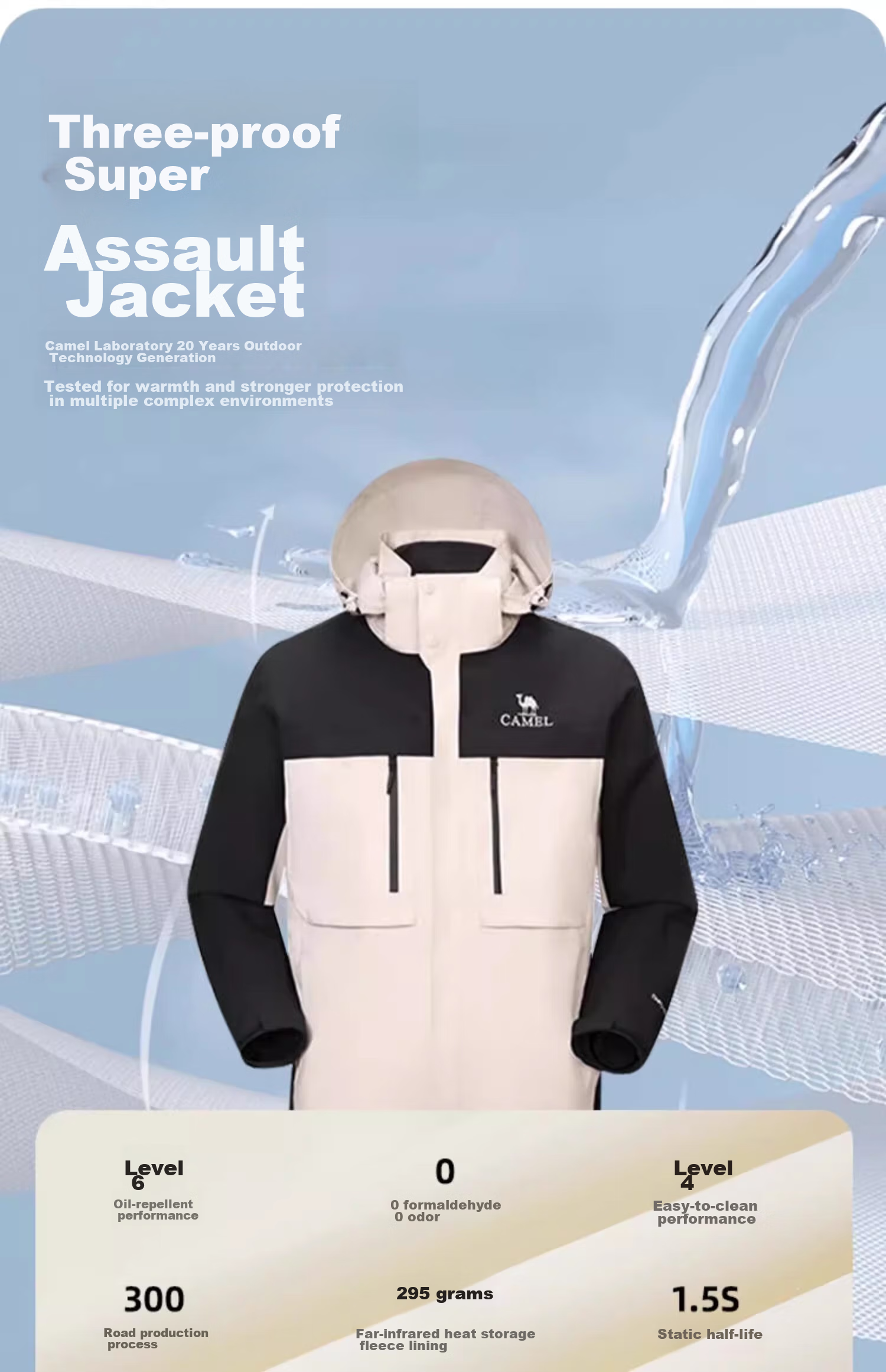 CAMEL Triple-Protection Windbreaker, Oil-Resistant And Waterproof, Three-In Mountaineering Jacket ATR036 Phantom Black, Men's And Women's Styles XS 41