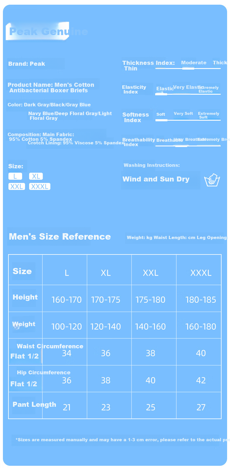 PEAK Men's Underwear, Youth Sports Underwear, Pure Cotton Boxer Briefs, 7A Antibacterial Men's Shorts, Square-Cut Underpants, Size L 2