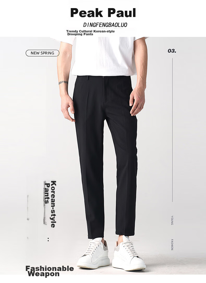 Dingfengbaoluo Men's Suit Pants, Summer Business Formal Wear, Straight-Leg Casual Versatile Slim-Fit Wrinkle-Resistant Cropped Trousers, AM503 Black Size 33 1